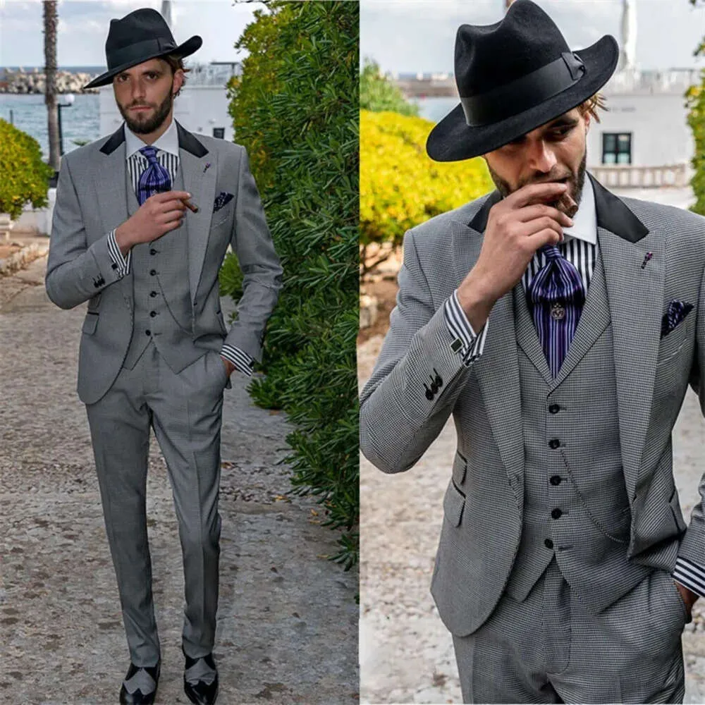 Style Men Houndstooth 3 Suits Wedding Piece Tuxedo Customized Fit Lapel Party Wear Modern Fashion Coat Pant Vest From 87 47 DHgate