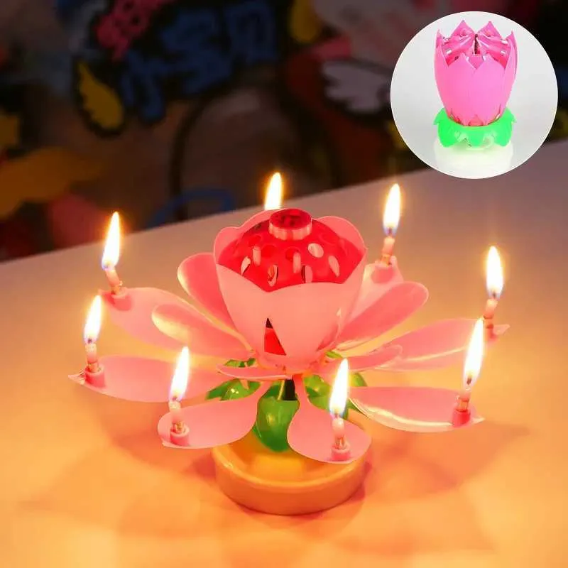 3pcs velas de aniversário bolo de vela de decoração diy festas de casamento bolo de aniversário girando lotus flor música vela decorações eletrônicas