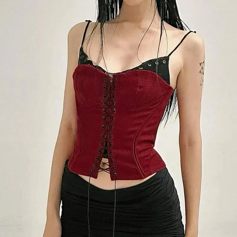 Frauen Tanks Y2K Verband Patchwork Red Camis Top Gothic Dark Slim Slash Neck ärmellose Tanktops Frauen Sommermodische Streetwear Lady