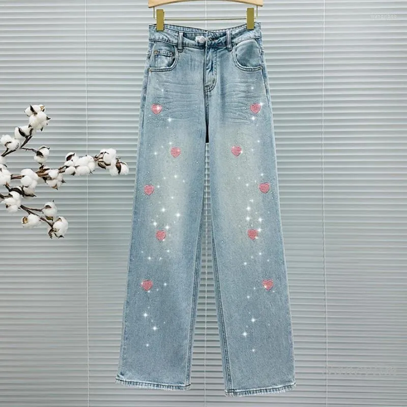 Women's Jeans Love Embroidered Mop For Women Spring And Summer Long Pants 2024 High Waist Loose Rhinestone Wide Leg