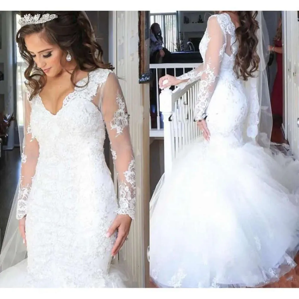 Koronkowe sukienki aplikacji rękawy długie syrena wspaniała zapieknięta V Neck Plus Size Tiul Country Wedding Suknia Vestido de novia estido