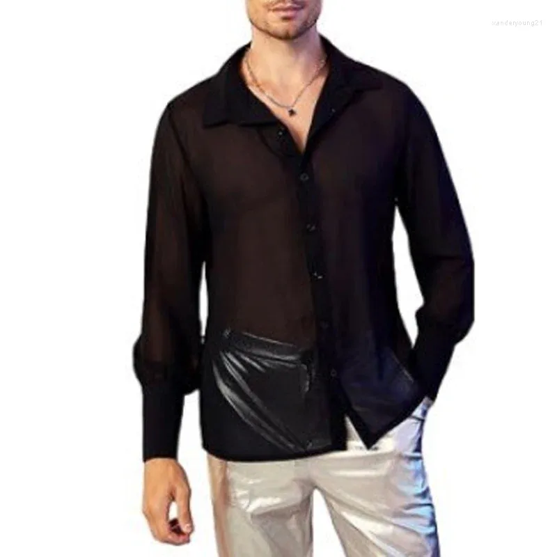 Мужские повседневные рубашки 2024 кнопка отвороты майки футболка сексуально прозрачное для мужчин весна лето с длинным рукавом твердое кардиган