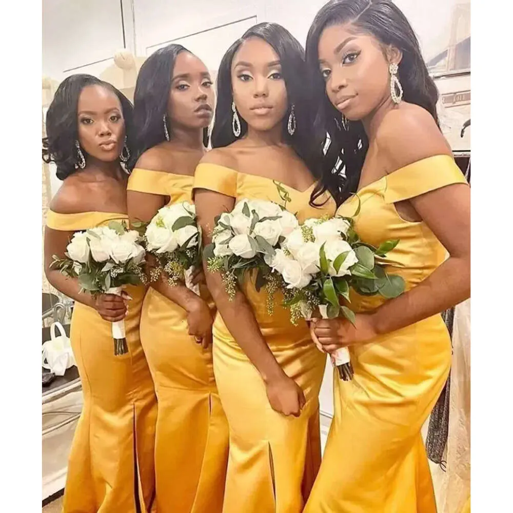 Gold Satin Yellow Satin Bridesmaid Dresses with Split Ruched Detailing, Off-Shoulder Slit, and Floor-Length Hemline - Perfect for Weddings, Proms,