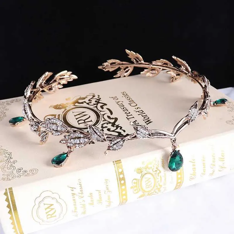 Stirnbänder Kmvexo Vintage Schwarz Emerald Grüne Fairy Krone Kopfstück Kristallblatt Elf Kopfbedeckung Bandana Womens Kleidung Hochzeit Haarzubehör Q240506