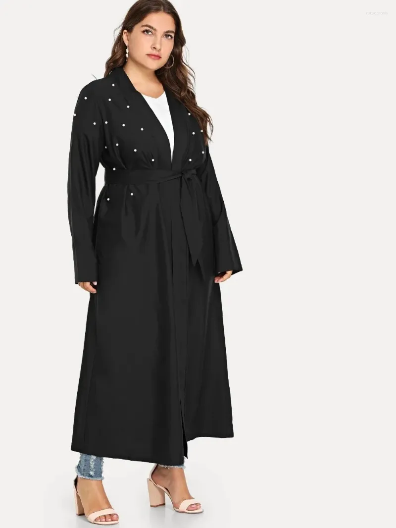Etniska kläder Enkel pärlor Öppna Abaya för kvinnor snörning muslimsk klänning v-ringning kaftan islam cardigan dubai arab vestido longo feminino