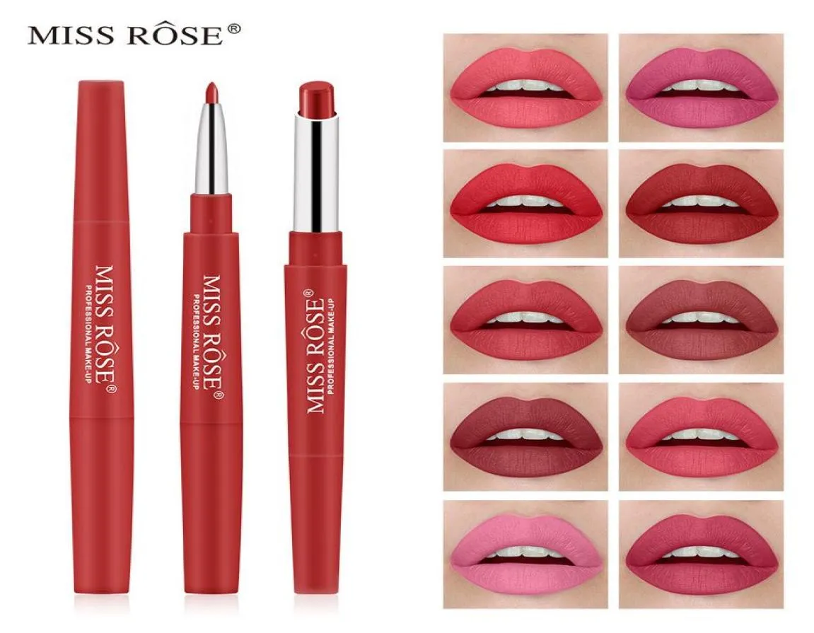 Miss Rose Double Head Matte Waterproof Lipstick Lip Liner 10 Färger för alternativ Automatisk rotation Multifunktion1457999