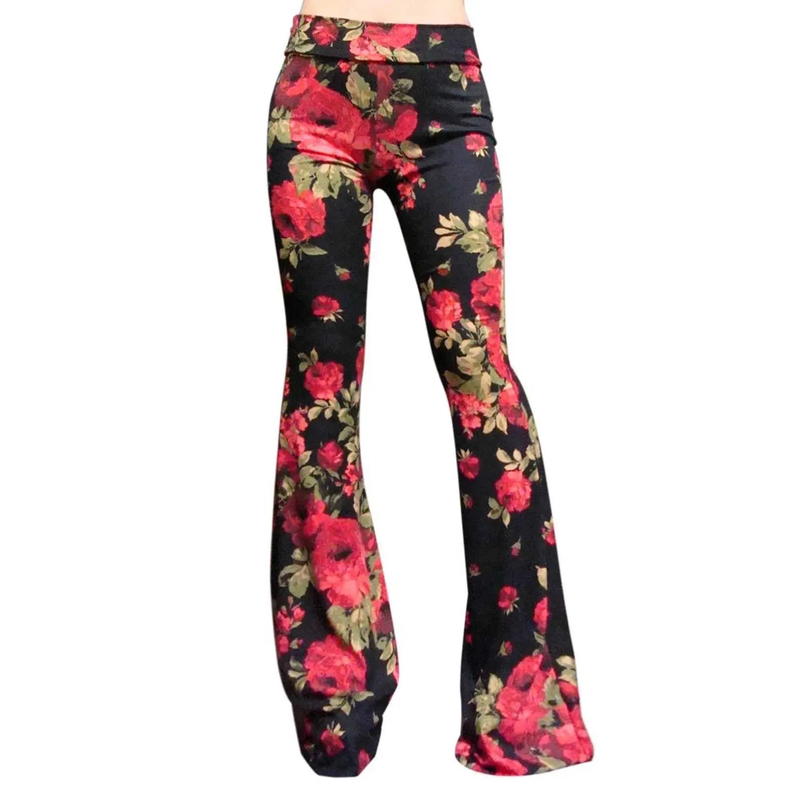 Spodnie damskie capris gorąca sprzedaż retro kwiat nadruk duży dzwonki dolne spodnie legginsy wysoka talia elastyczność legginsy sportowe trening fitness spodni Leggins Y240504