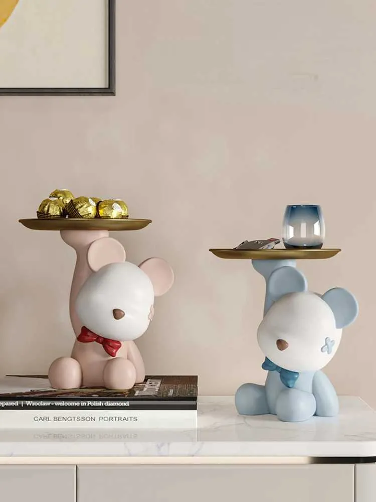 Decorative Objects Figurines Kawaii Bear Tray Modern Home Decoration Resin Statue Bear Sculpture Storage Animal Model Keys Candy Fruit Tray Desktop Decor T240505