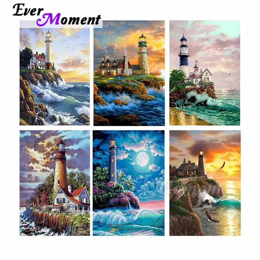 Stitch Ever Moment Diamond Painting Lighthouse Landscape Resin Full Square Embroidery Mosaic Drill Handmade Living Decoration S2F2551