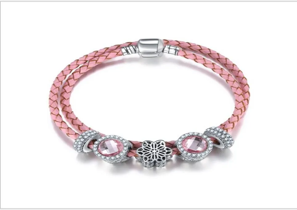 925 Sterling Silver Pink Flower Charm Bead Fit Bracelets européens pour les femmes Charme double couche véritable chaîne en cuir bijoux de mode5856478