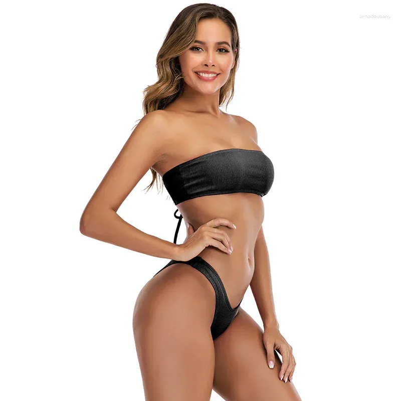 Swimwear féminin 2024 Bandeau Bikini Retournets Swimsuit Femmes Off Black Suite de baignade Solide Solide Micro Push Up Bather