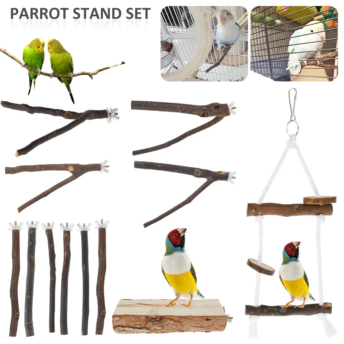 Barches 10pcs Papagei Bird Barchen Naturholzstock Barch Plattform Birdcage Accessoires Sportkletterklaue Mühle Spielzeug