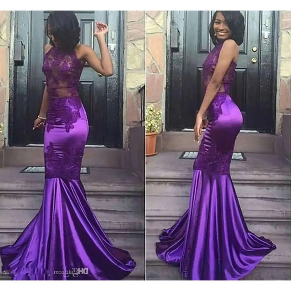 Kleider Prom Royal 2021 Lila sexy Illusion Top Spitze Applikat Elastizität Satin Meerjungfrau bodenlange Abend Graduationspartykleider Vestidos