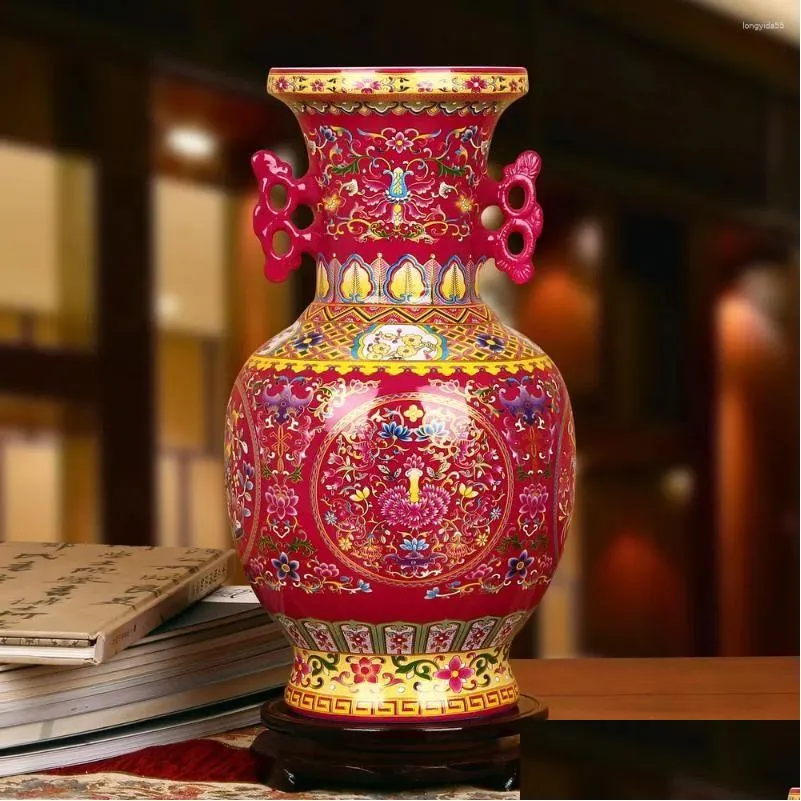 Vasen Jingdezhen Keramik Vase Hochwertige Kristallglasur Rose und rote Ohren Lotus Blume moderne chinesische Haushaltsdekoration Drop deliv dhd6w