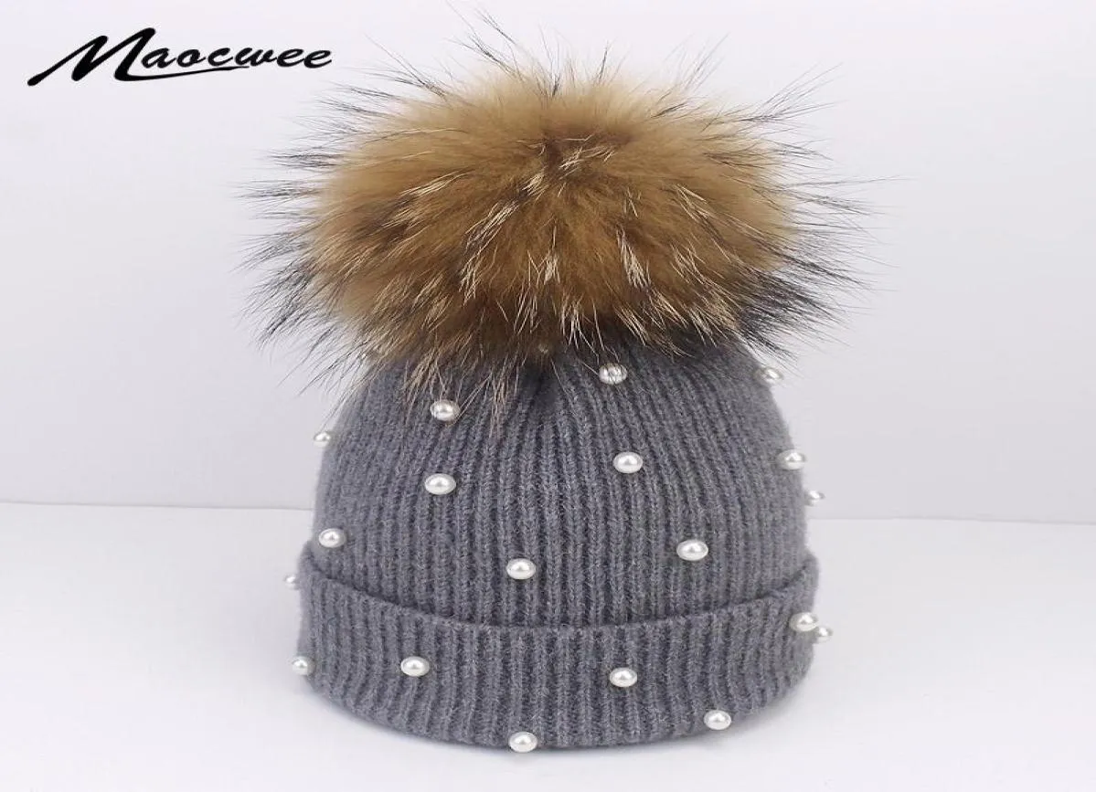 Berretti di lana donne vere pom pom pom pomsiola cappello a maglia perle ragazze femminile berretto cappello pompon invernale per donne9643850