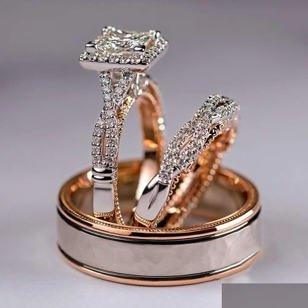 Bands anneaux Anneau de fiançailles Designer Bijoux Femmes Original Quality Rose Gold Trois Pieces Set With Diamonds and Zircon Fl Diamond Women Dhixl