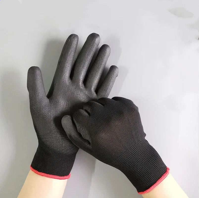 Rękawiczki 12Pairs Bezpieczeństwo Rękawiczki Czarne pu nylonowe bawełniane przemysłowe ochronia