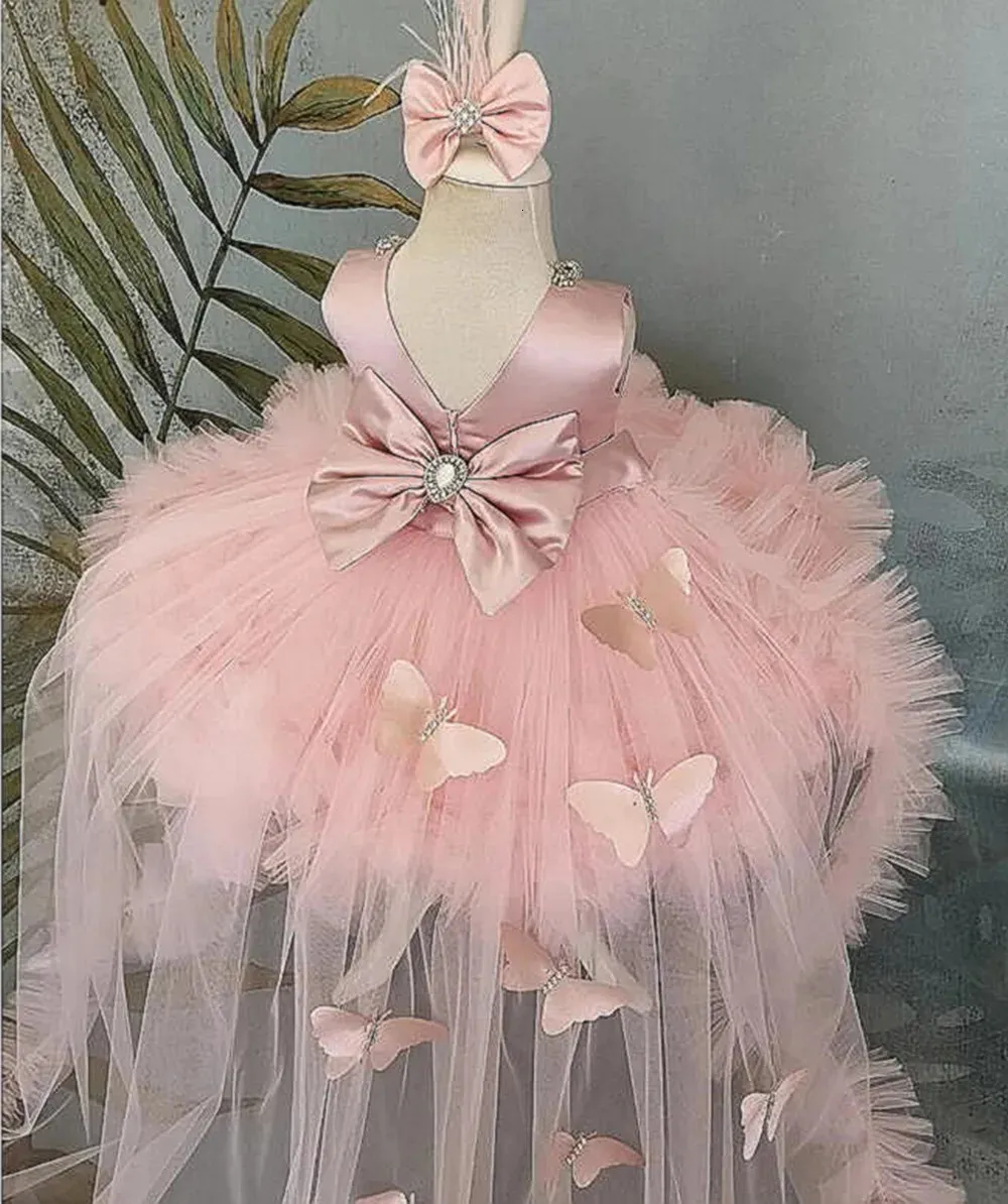 Puffy Girl Dress Pink Baby with Train Flower Bow Cute Kids Child Birthday Dresses Frist Communion 240428