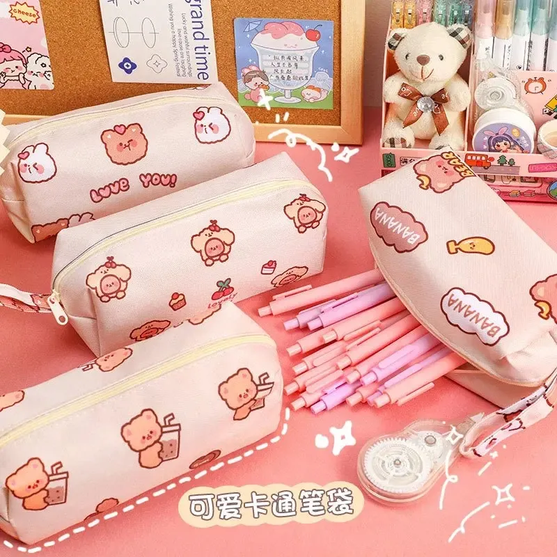 Cartoon Little Bear Canvas Pencil Case Grote capaciteit Potlood Kaste Desktop Stagers voor opslagtas Organiseren