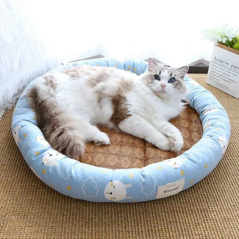 Camas de gato móveis Cama de gato de verão redonda de seda de seda de seda de estimação confortável gatinho cães pequenos cães adormecidos gato ninho de gato sofá refrigeração ratata