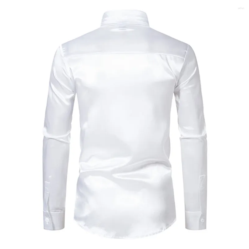 Мужские рубашки T -классная атласная шелковая пуговица рубашка для мужчин Slim Fit с длинным рукавом Отличные вечеринки и события (103 символа)