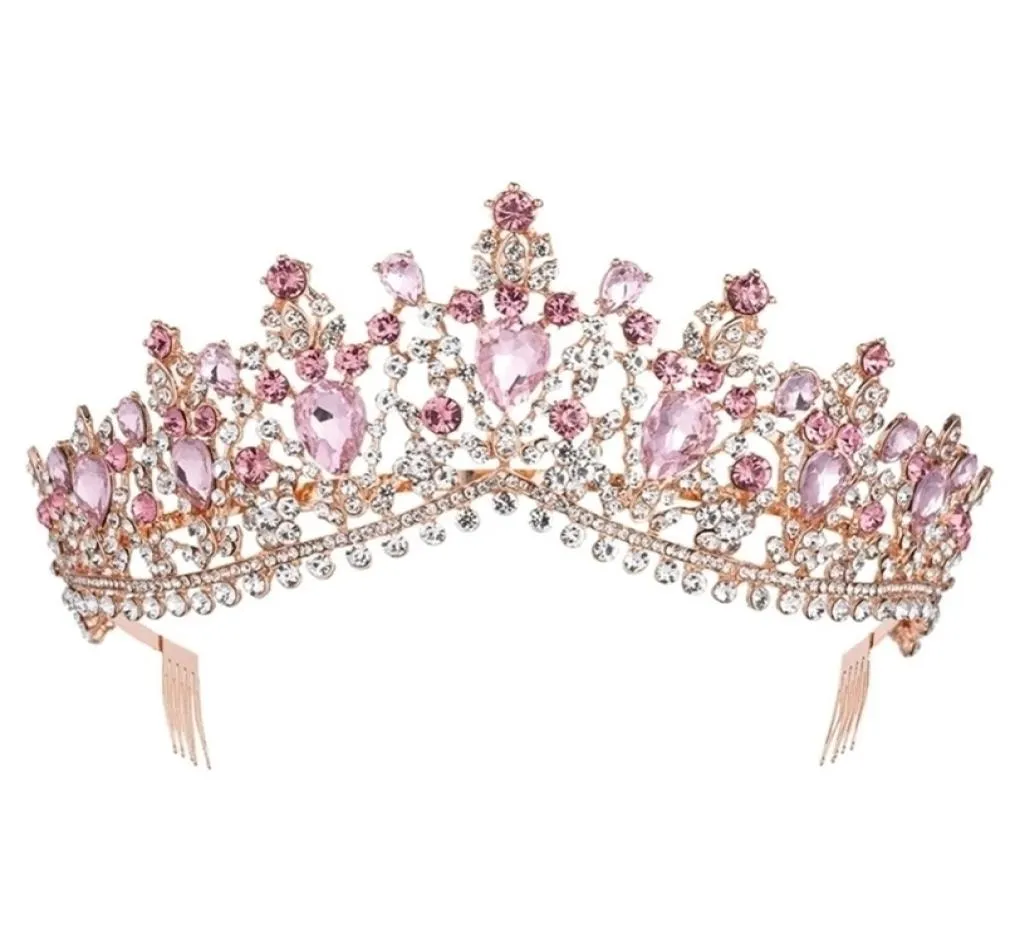 Baroque Rose Gold Pink Crystal Bridal Tiara Crown With Comb Pageant Prom Veil Headband Wedding Hair Accessories 2202269299082