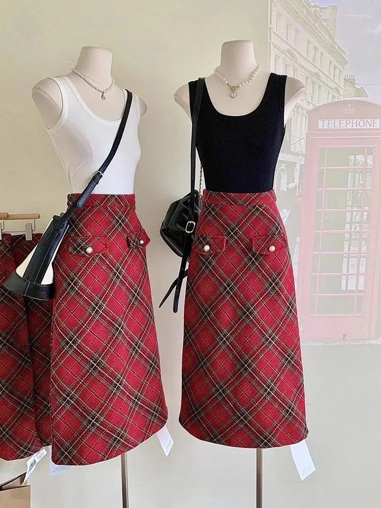 Vintage High Waist Plaid A Line Skirt Harajuku Preppy Style for Women Casual Midi Streetwear