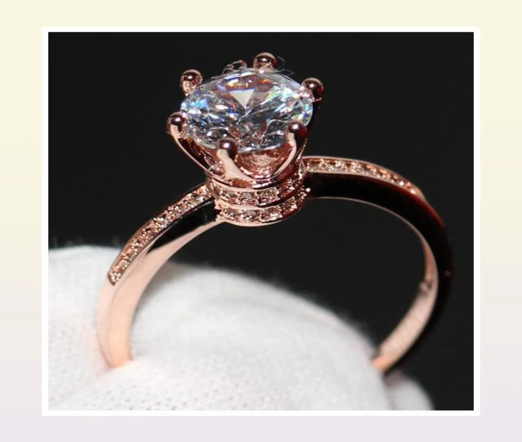 Crown Ehering -Band Ring für Frauen Luxusschmuck 925 Sterling Silber Roségold gefülltes Runde geschnittene weiße Topaz weibliche Verlobungsring3766048