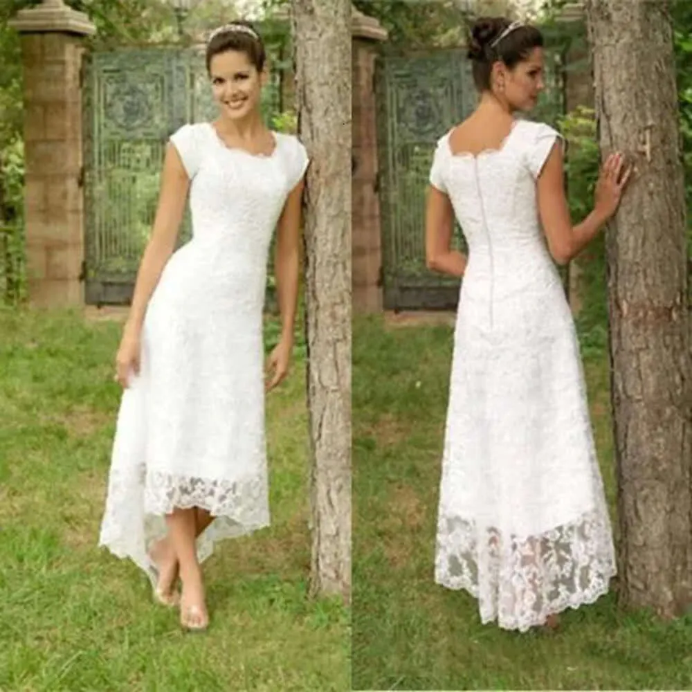 Lace 2020 Low Vintage High -jurken Een lijn korte mouwen korte mouwen geschulpte halslijn land bruidsjurk Vestido de novia