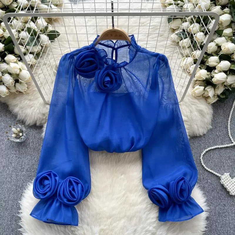 Kvinnor Bluses 3D Flower Chiffon Blue Ruffles Collar Long Sheer Sheer med foder Ladies France Vintage Senior Elegant Ol Tops