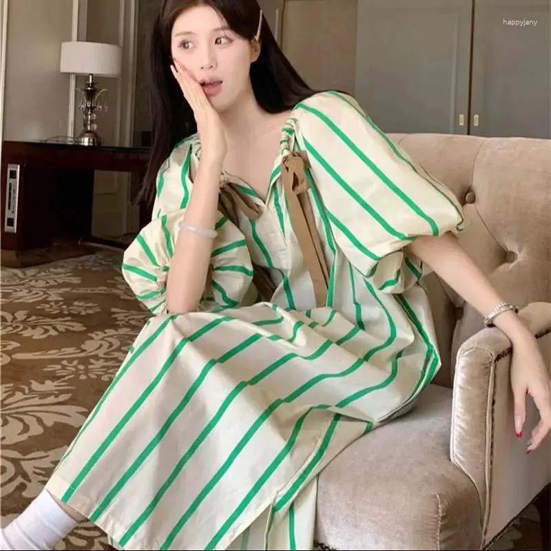 Limiguyue feminina Limiguyue de alta qualidade Contraste cor verde listra camisola de verão camisola de algodão Lace Up Causal Loose Mulheres