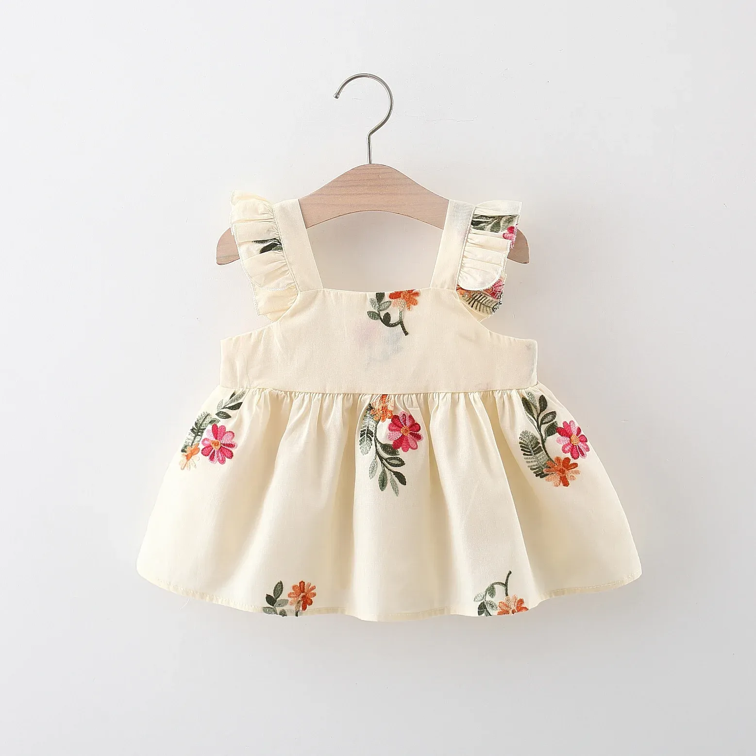 Платья для маленькой девочки летнее платье с летающими рукавами маленькое цветочное вышивное платье с твердым хлопковым платьем (03 года)