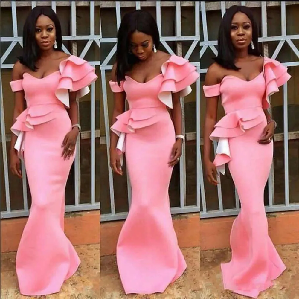 One Prom Dresses 2020 Pink Mermaid Ruffles Off Shoulder Floor Length Satin Custom Made Evening Party Gown Plus Size