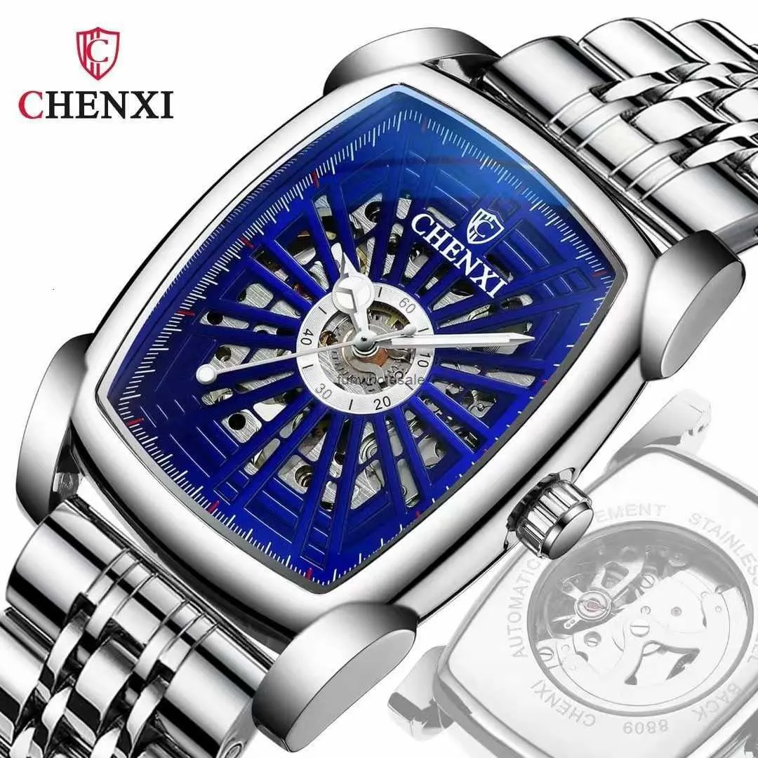 Chenxi Dawn Square Watch Mens Hollow Vollautomatische mechanische Weineimer High -End -Nacht Glanz