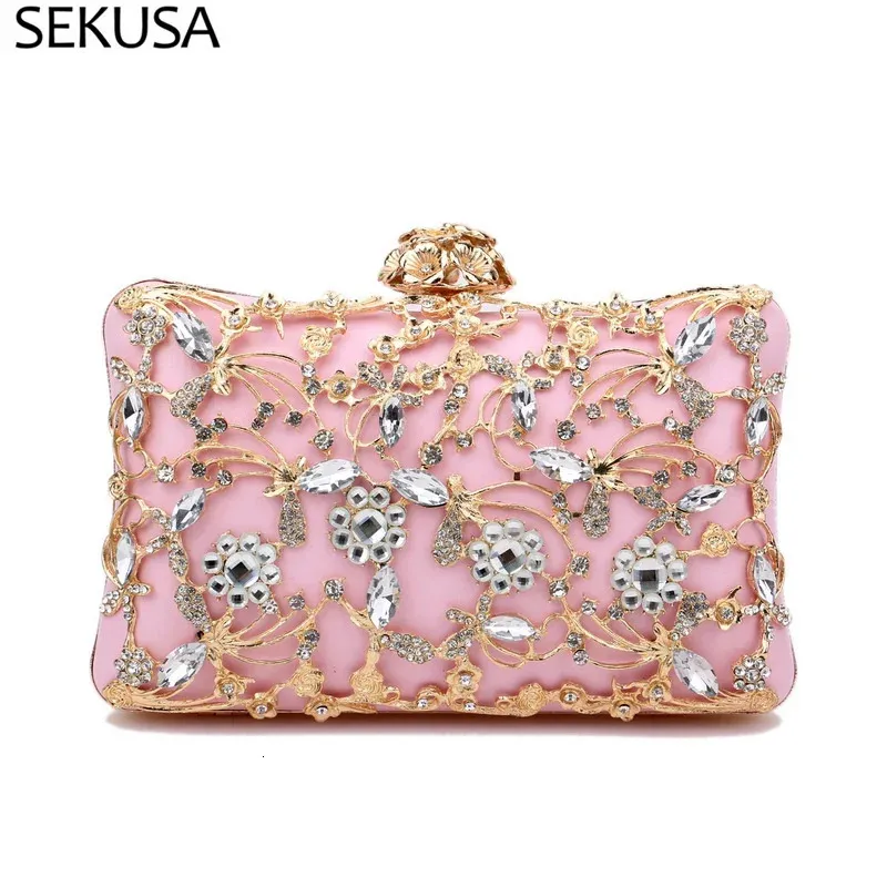 Ankunft Women Day Clutch Hollow Out Style Diamonds Party Abendtaschen Pink gemischte Farbe Hochzeit Brauthandtaschen mit Kette 240506