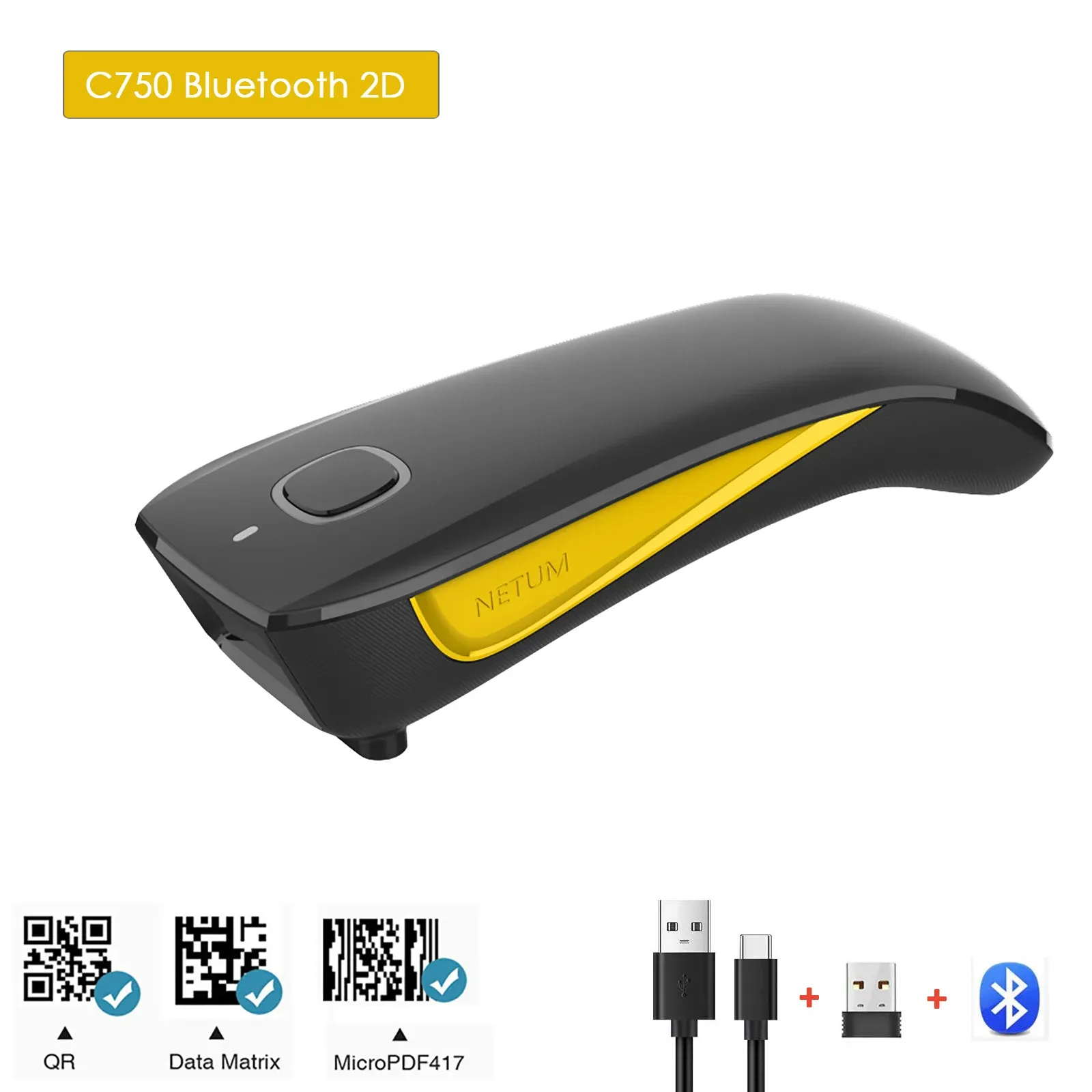 Escáneres 2D Barcode Scanner Netum C750 Bluetooth Wireless Handheld Pocket Qr Bar Bar Code Matrix PDF417 Lector para el pago móvil de la tienda