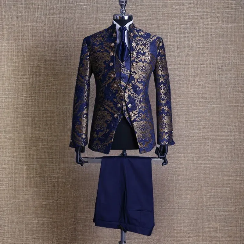 Blazer bloemen Jacquard Men Suits voor bruiloft dubbele borsten bruidegom Tuxedo met stand kraag 3 -delige Italiaanse formele ocn -jurk