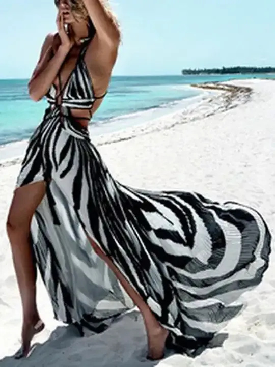 Takım elbise baskılı bandaj sırtsız plaj kıyafeti seksi maxi elbise 2023 moda kadın mayo yaz çizgili tek parça mayo mayo