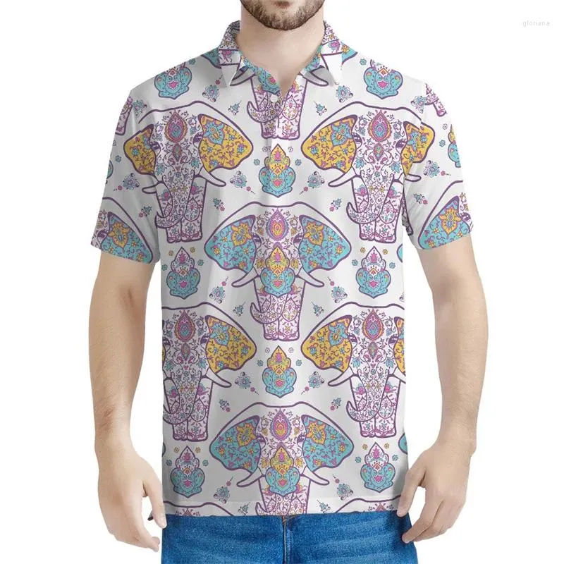 Polos de polos masculinos coloridos camisetas de pólo de elefante tribal colorido Menas de impressão 3D Camiseta de camiseta de camiset