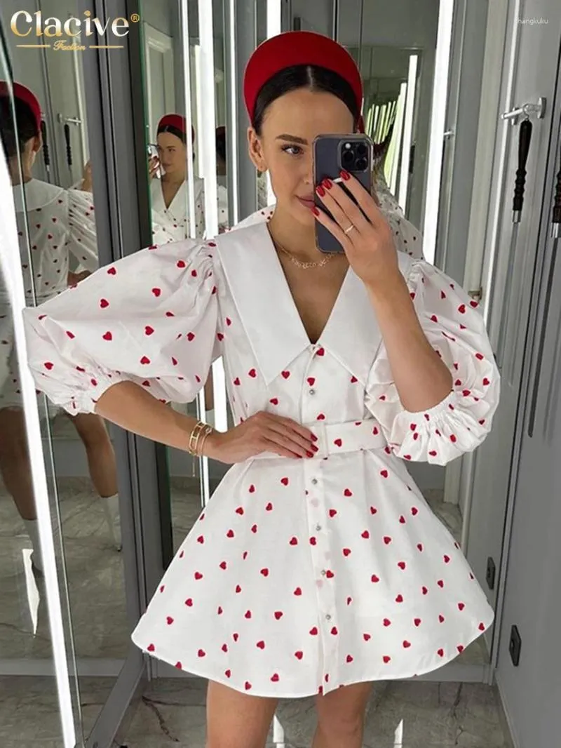 Partykleider Clacive Summer Lose Love Drucken Frauenkleid 2024 Mode Revers Halbärmel Mini Elegant Hochtülengürtel Frau