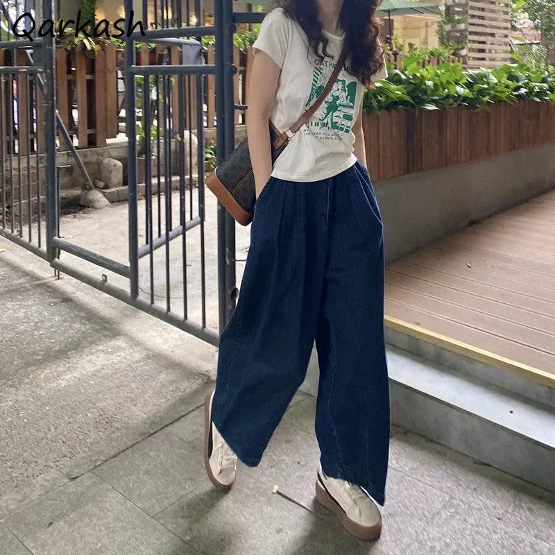 Jeans pour femmes femmes d'été baggy haute taille streetwear harajuku plis vintage cool simple fashion coréen chic lavé la jambe large lavage