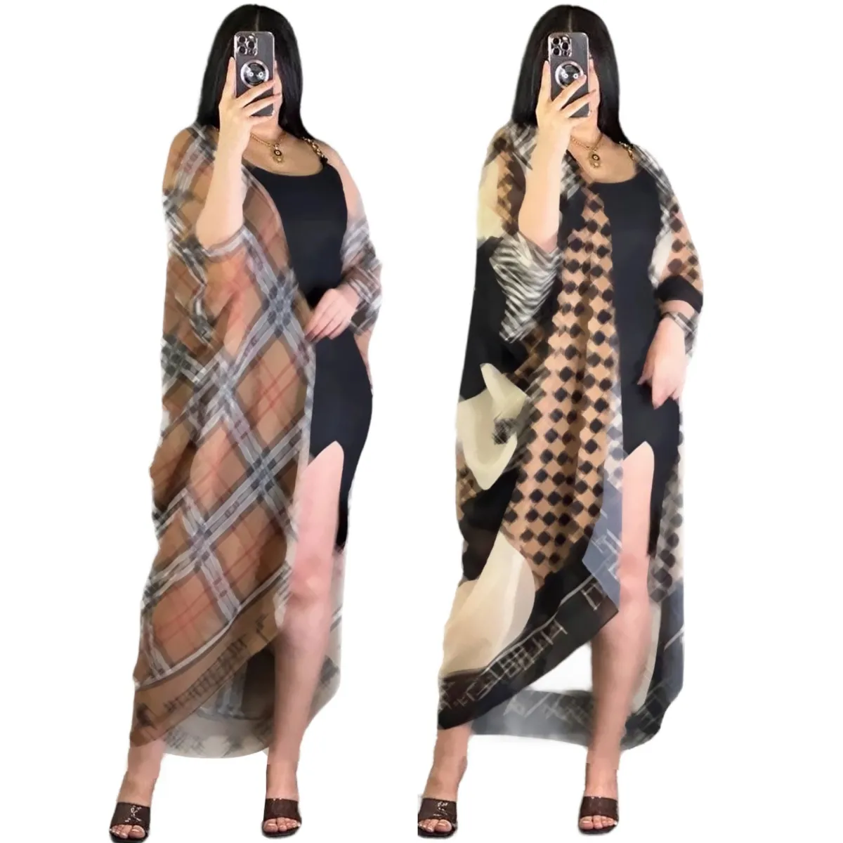 Luxe één stuk cover-ups Dresses Women Fashion Print Sheer Mesh Loose Dress gratis schip