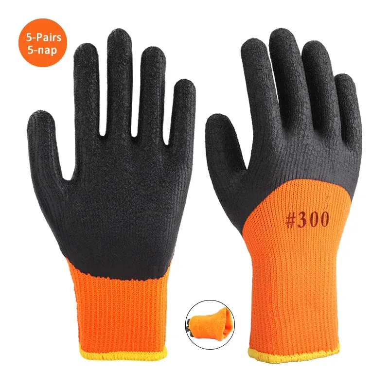 Decorations 5Pairs Winter Thermal AntiSlip Waterproof Work Gloves Latex Rubber Coated For Garden Repairing Builder Work Safety Gloves