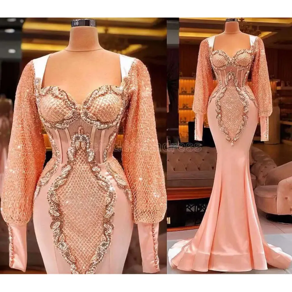Balo pembe elbiseler kollar uzun boncuklu kristaller zemin uzunluğu deniz kızı özel yapım akşam ünlü parti elbisesi vestido de noche resmi ocn giyim
