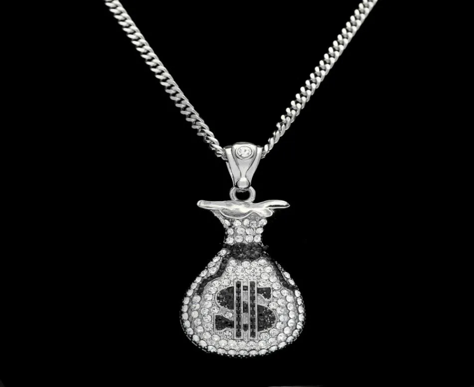 Hip Hop Gold Silber Cash Money Bag Anhänger für Männer Frauen Bling Crystal Dollar Charme Halskette mit kubanischer Kette Schmuck 1013520