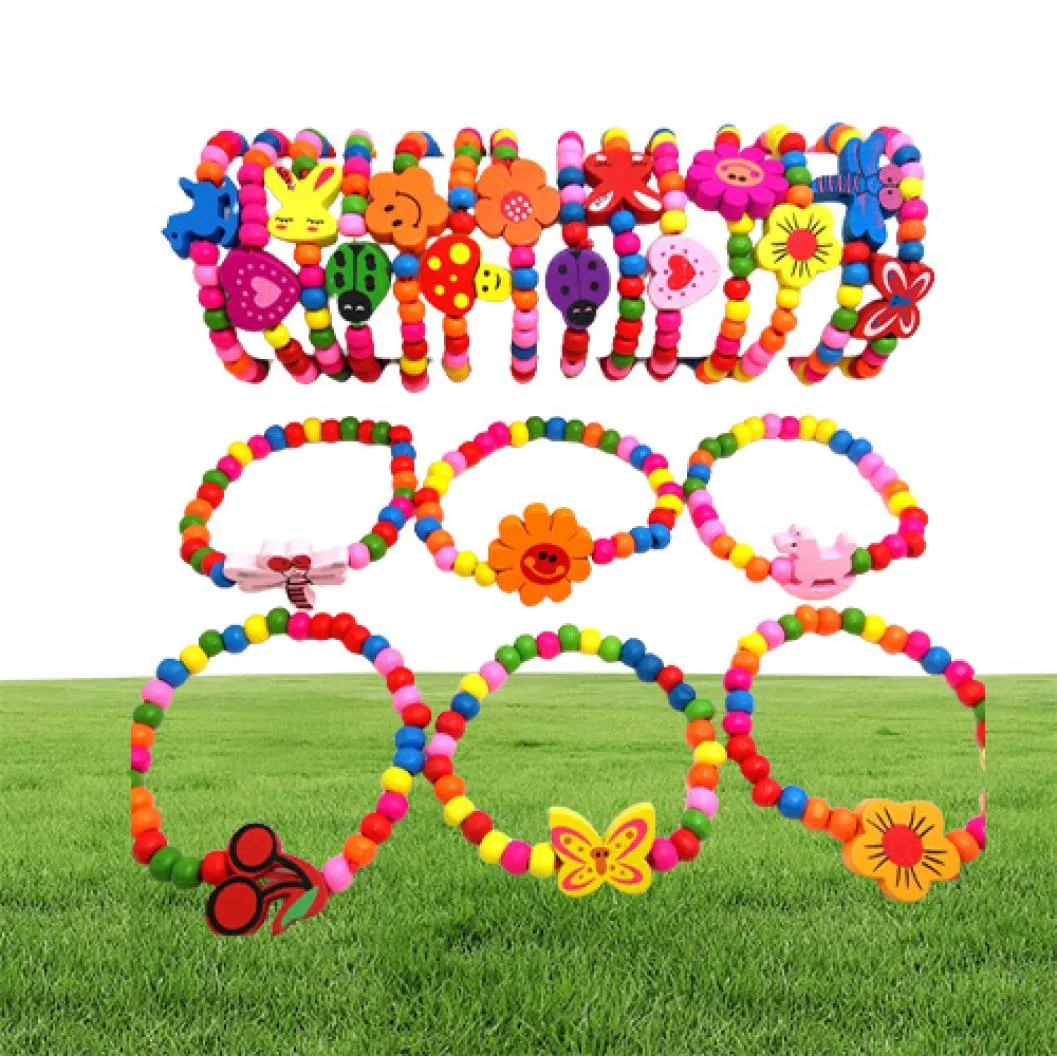 100pcs Girls Natural Wood Beads Bracelet 12 Styles Mix Children Wooden Wristbands Child Party Bag s Birthday Gift Wholesale Jewelry4411883