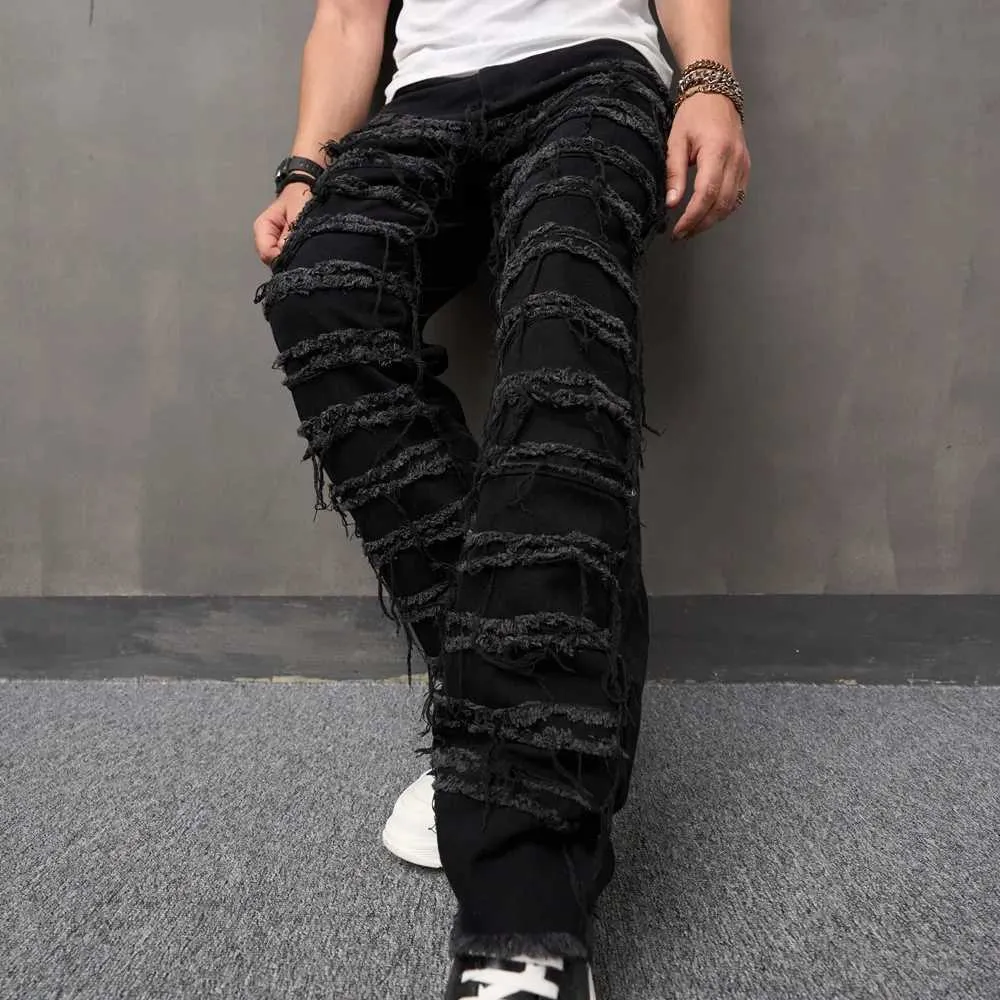 Jeans masculin pour hommes High Street Fashion Tear Patch jeans mens lâches Solid Solid Casual Denim Shortsl2405