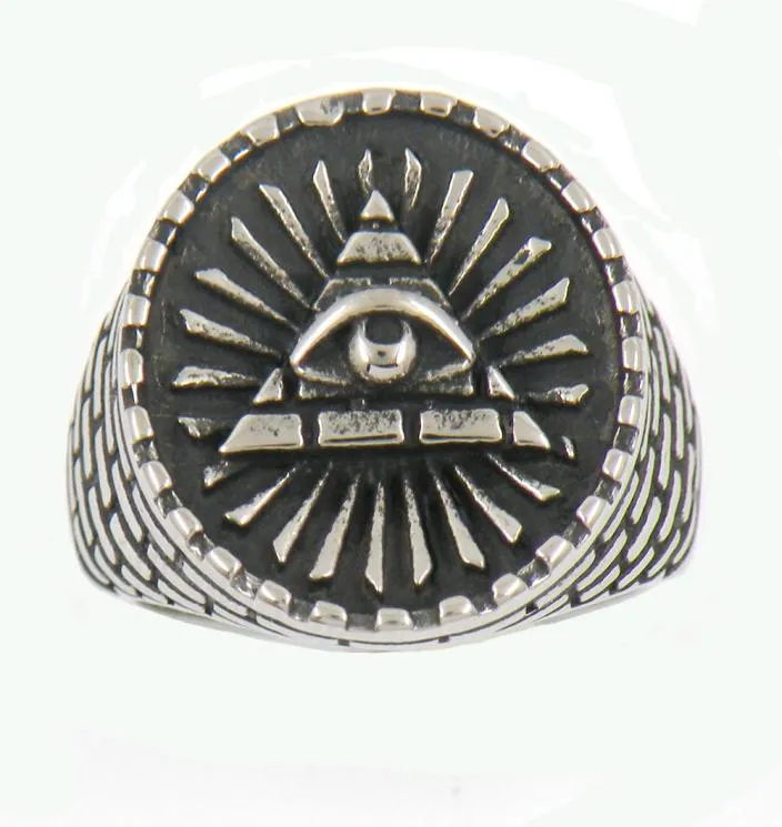 Fanstreeel in acciaio inossidabile maschile o gioielli Wemens Masonary Masonary Egyptian Triangle TUTTI Vedono Eye Masonic Ring 13W521724915