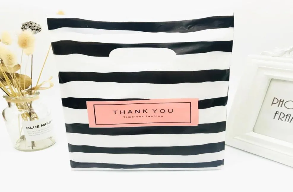Pink Black Thank You 20x30cm Black White Stripes Plastic Handles Bag Plastic Boutique Jewelry Gift Bags With Handle 50pcs 2105176858017