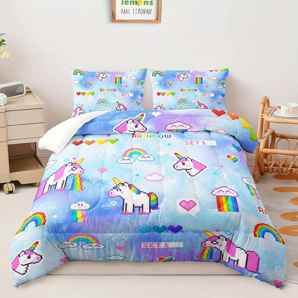 Duvet Cover 3 Galaxy Unicorn Comforter Sets Twin Size,Colorful Cute Animals for Girls Boys Adults,Bed in A Bag,Ultra Soft Microfiber Season Abstract Bedding Set